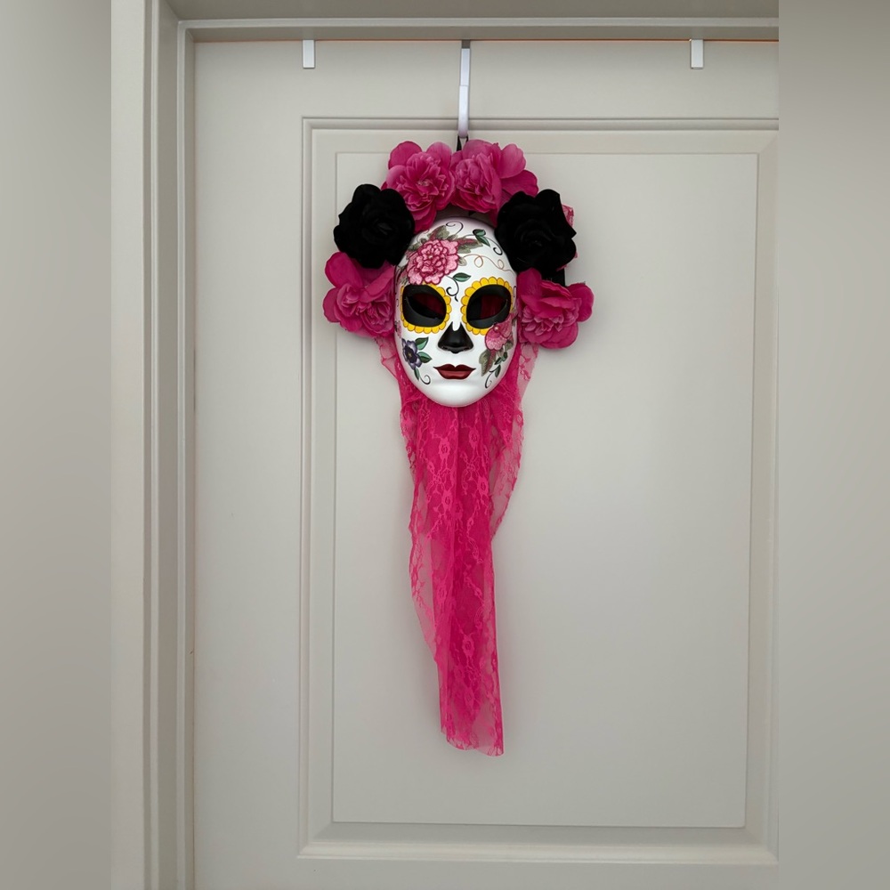Day of the Dead Floral Mask with Hot Pink Lace